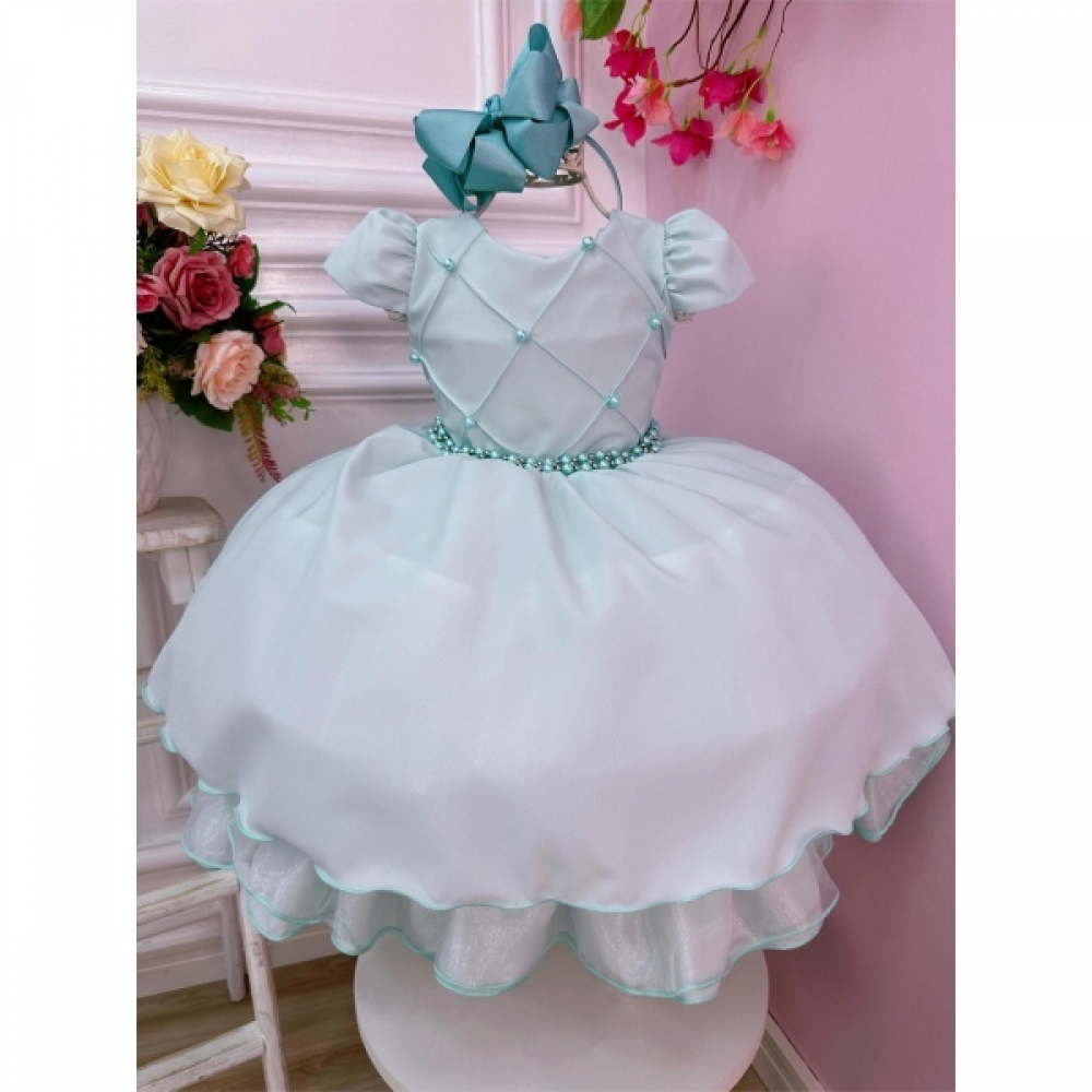 Vestido Infantil Verde Claro Cinto de Pérolas Casamentos