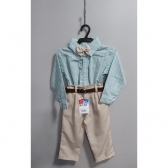 Conjunto Infantil Camisa Listrada Verde e Calça Bege Cinto