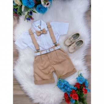 Conjunto Social Short Suspensório Gravata e Camisa Caqui