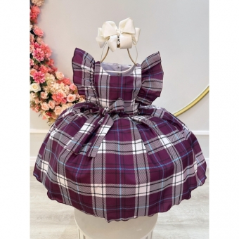 Vestido Infantil Xadrez Tartan Vinho Candy Luxo