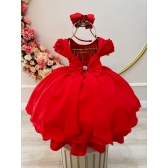 Vestido Infantil Vermelho Busto C/ Apliques de Flores Renda - Vermelho