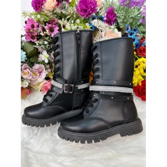 Botinha Infantil Cano Alto Preto Com Cadarço e Ziper