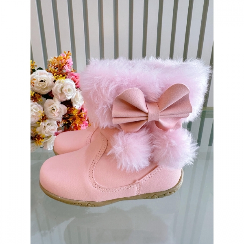Botinha Infantil Rosa Laço Pompom Com Pelúcia e Zíper