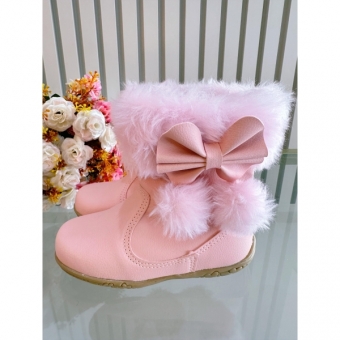 Botinha Infantil Rosa Laço Pompom Com Pelúcia e Zíper