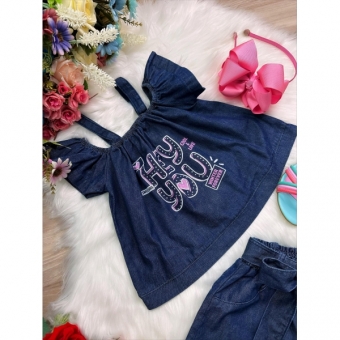 Conjunto Infantil Blusa e Short de Jeans Hey You Luxo