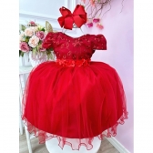 Vestido Infantil Vermelho C/ Renda e Aplique de Flores Festa - Vermelho