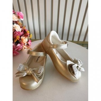 Sapatinho Ouro Com Aplique de Lacinho e Strass