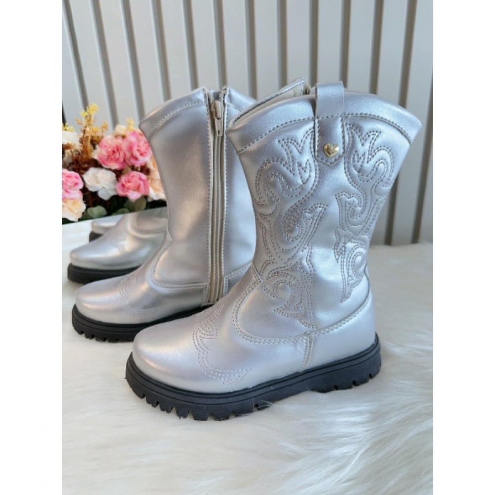 Bota infantil Boiadeira Texana Prata Com Zíper Luxo