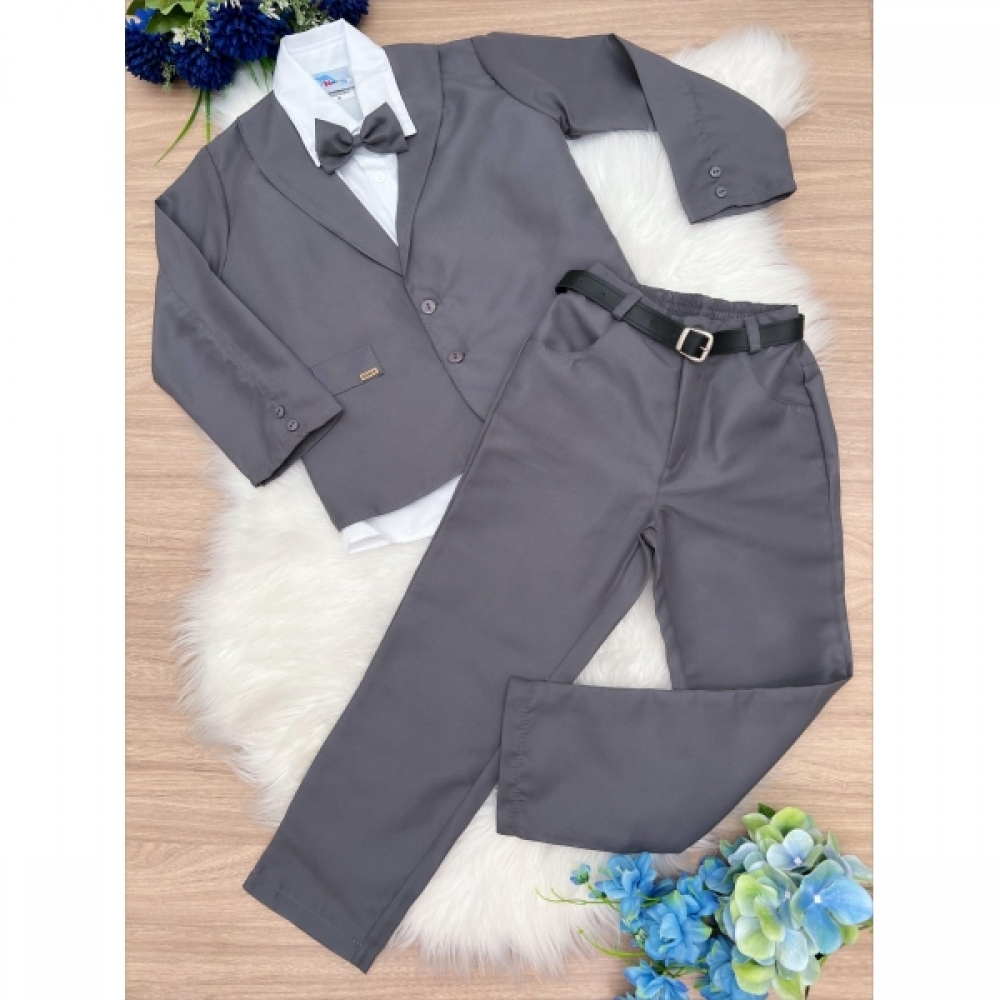 Terno Social Com Calça Cinza Camisa Branca Gravata