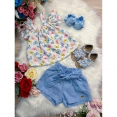 Conjunto Infantil Blusa Borboletas e Short Azul Bebê