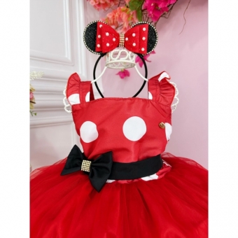 Vestido Infantil Vermelho Bolinhas C/ Broche Strass Luxo