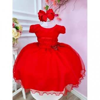 Vestido Infantil Vermelho Busto Plissado Lacinho Festa Natal