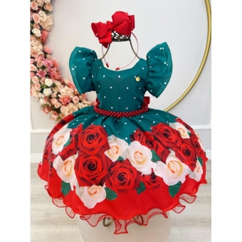 Vestido Infantil Verde Florido C/ Cinto Pérolas Natal Festas