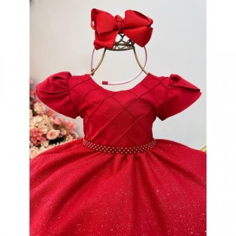 Vestido Infantil Vermelho C/ Busto Nervura Festas Daminhas