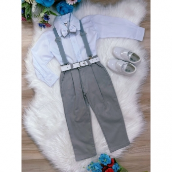 Conjunto Social Camisa Branca Susp. Gravata e Calça Cinza