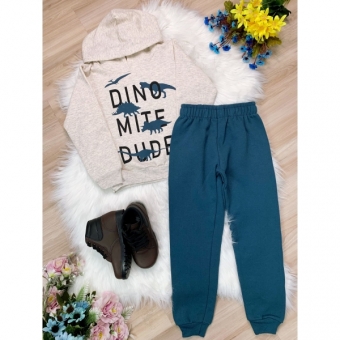 Conjunto de Moletom Blusa C/ Capuz Marfim Calça Azul Petróleo