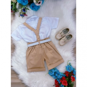 Conjunto Social Short Suspensório Gravata e Camisa Caqui