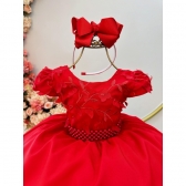 Vestido Infantil Vermelho Busto C/ Apliques de Flores Renda - Vermelho