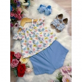 Conjunto Infantil Blusa Borboletas e Short Azul Bebê