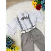 Conjunto Social Camisa Branca Susp. Calça e Gravata Cinza