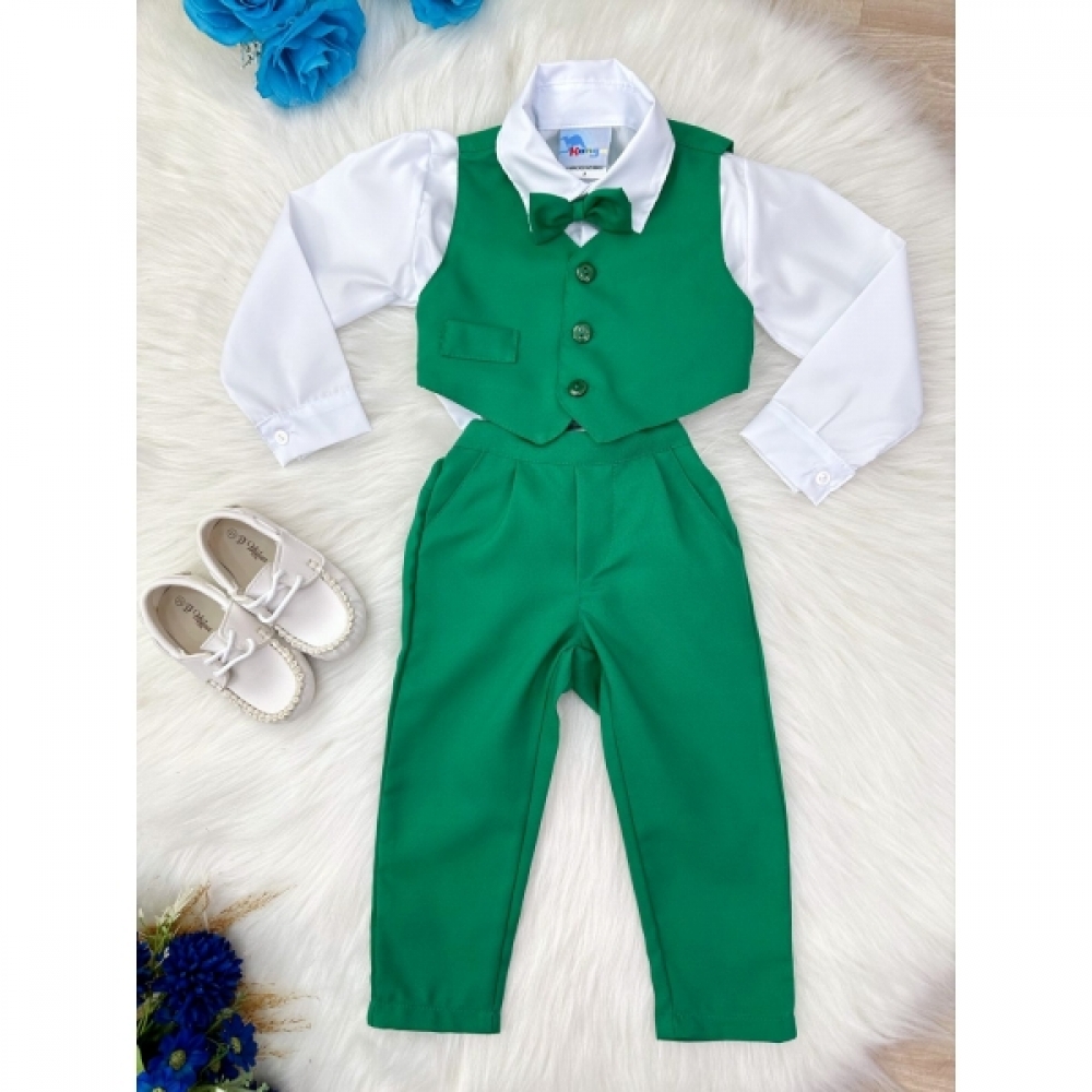 Conjunto Social Camisa Branca C/ Colete Calça Gravata Verde - Verde