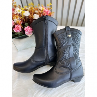 Bota infantil Boiadeira Texana Preta Com Zíper e Salto