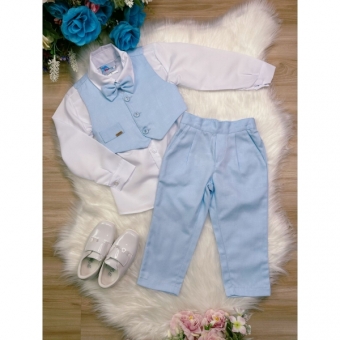 Conjunto Social C/ Colete Calça Gravata Azul Camisa Branca