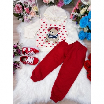 Conjunto de Moletom C/ Capuz Off White e Vermelho Ursinho