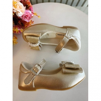 Sapatinho Ouro Com Aplique de Lacinho e Strass Glitter