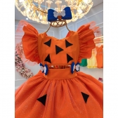 Romper Pedrita Flintstone Laranja Glitter Festas Luxo