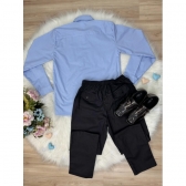 Conjunto Social Camisa Azul e Calça Preto em Algodão