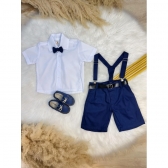 Conjunto Social Camisa Gravata Short e Susp. Azul Marinho