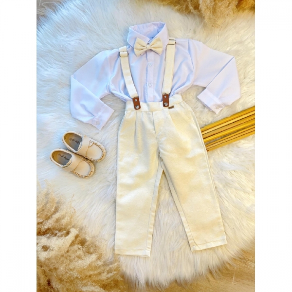 Conjunto Social Camisa Calça Gravata e Susp. Marfim