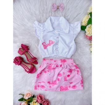Conjunto Infantil da Barbie Branco C/ Saia Rosa e Laço