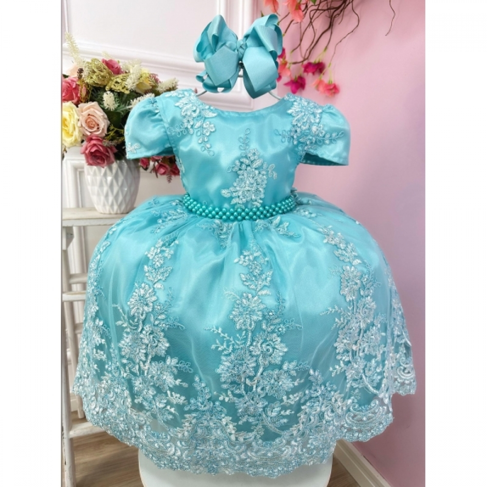 Vestido Infantil Verde Com Renda Realeza e Pérolas