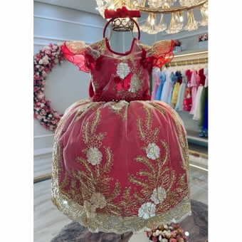 Vestido Infantil Vermelho Renda Aplique Borboletas Pérolas