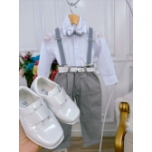Conjunto Social Camisa Branca Susp. Gravata e Calça Cinza