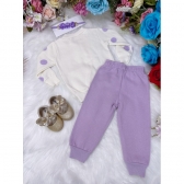 Conjunto Infantil Moletom Flanelado Off White Lilás Zíper Ursinho