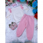Conjunto Infantil Moletom Flanelado Off White e Rosa Ursinho