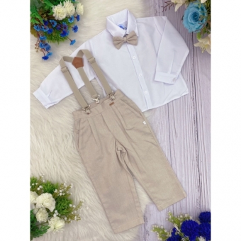 Conjunto Social Camisa Branca Calça Gravata Suspensório Bege