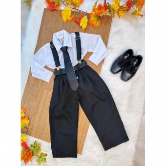 Conjunto Social Camisa Branca Calça Susp. e Gravata Preto