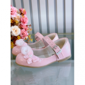 Sapatinho Rosa Bebê Verniz Aplique de Borboleta Flor Luxo
