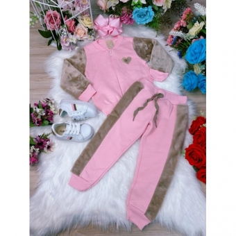 Conjunto de Moletom C/ Zíper e Pelúcia Blusa e Calça Rosa