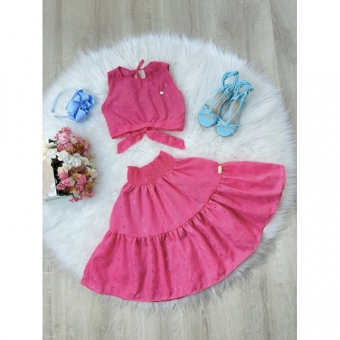 Conjunto Meninas Pink Cropped e Saia Mid Bordado Luxo