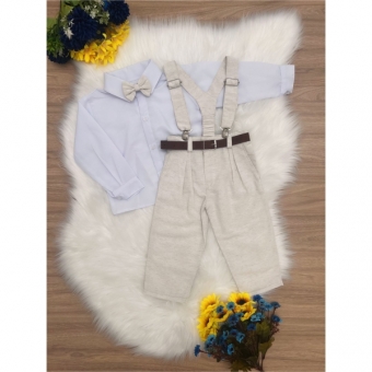 Conjunto Infantil Suspensório Cinto Gravata Branco Bege