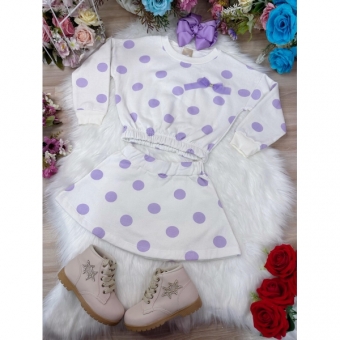Conjunto de Moletom Blusa e Saia Off White e Lilás