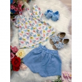 Conjunto Infantil Blusa Borboletas e Short Azul Bebê