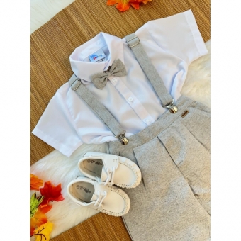 Conjunto Social Camisa Gravata Short e Suspensório Cinza