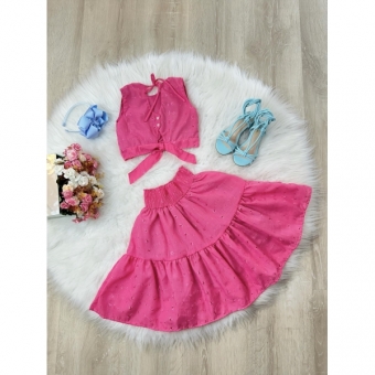 Conjunto Meninas Pink Cropped e Saia Mid Bordado Luxo
