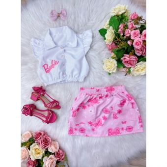 Conjunto Infantil da Barbie Branco C/ Saia Rosa e Laço